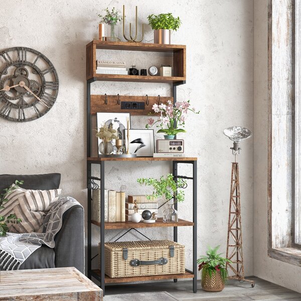 Costway Mensola da cucina con presa elettrica ripiani aperti e 10 ganci appendiabiti, Supporto per microonde alto 153cm Marrone