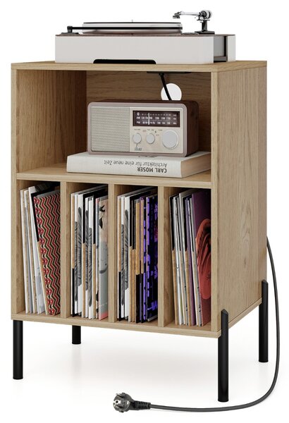 Costway Supporto per giradischi con gambe in metallo, stazione di ricarica e porta USB, Mobile con mensola porta vinili Naturale