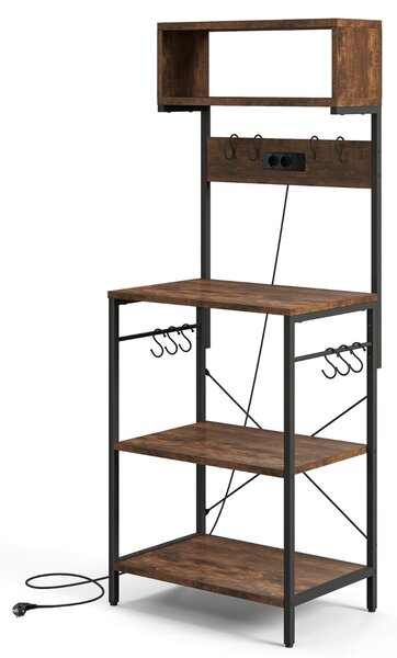 Costway Mensola da cucina con presa elettrica ripiani aperti e 10 ganci appendiabiti, Supporto per microonde alto 153cm Marrone