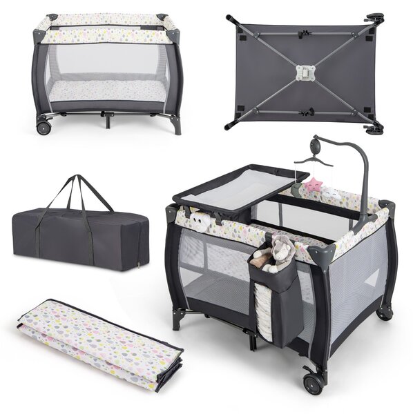 Costway Lettino da viaggio per neonati con culla fasciatoio rimovibile sbarra girevole, Lettino da campeggio portatile Bianco e grigio