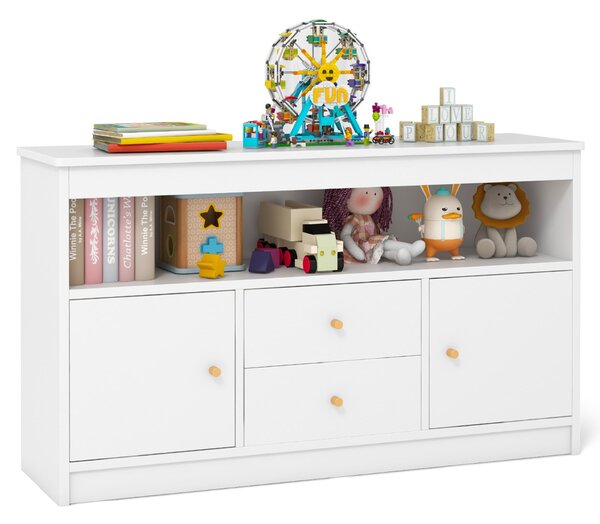 Costway Organizzatore per giocattoli per bambini con scomparto aperto 2 cassetti e 2 ante, Scaffale per libri in legno Bianco
