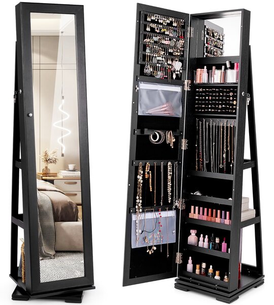 Costway Armadio portagioielli girevole a 360° con specchio, Organizer gioielli 2 in 1 a figura intera Nero