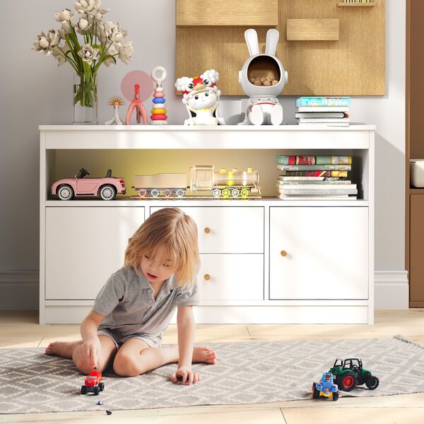 Costway Organizzatore per giocattoli per bambini con scomparto aperto 2 cassetti e 2 ante, Scaffale per libri in legno Bianco