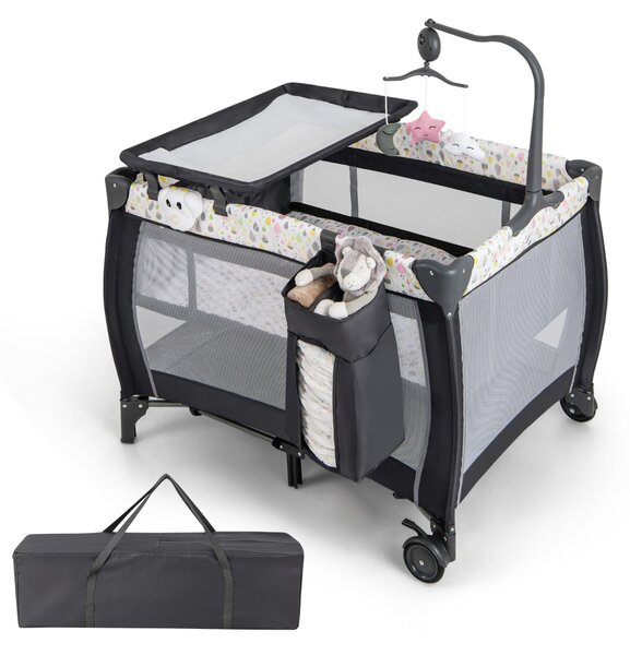 Costway Lettino da viaggio per neonati con culla fasciatoio rimovibile sbarra girevole, Lettino da campeggio portatile Bianco e grigio