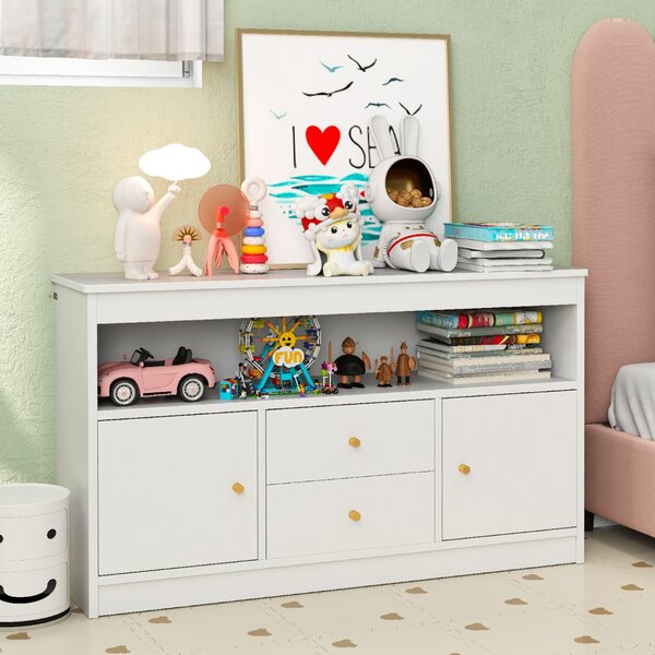 Costway Organizzatore per giocattoli per bambini con scomparto aperto 2 cassetti e 2 ante, Scaffale per libri in legno Bianco