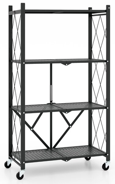 Costway Scaffale di stoccaggio pieghevole a 4 livelli, Unità di ripiano in metallo con ruote bloccabili per cucina soggiorno Nero