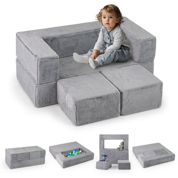 Costway Divano modulare in schiuma convertibile per bambini, Set di divano morbido per bambini per piccole stanze da gioco Grigio