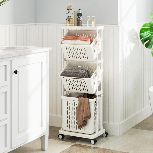 Costway Carrello per lavanderia a 3 ripiani con 4 ruote girevoli 3 cestini, Organizzatore per separare il bucato per bagno Bianco