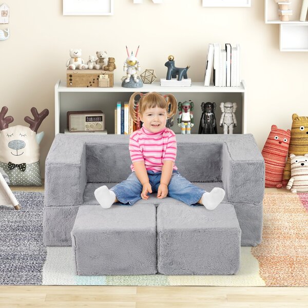 Costway Divano modulare in schiuma convertibile per bambini, Set di divano morbido per bambini per piccole stanze da gioco Grigio