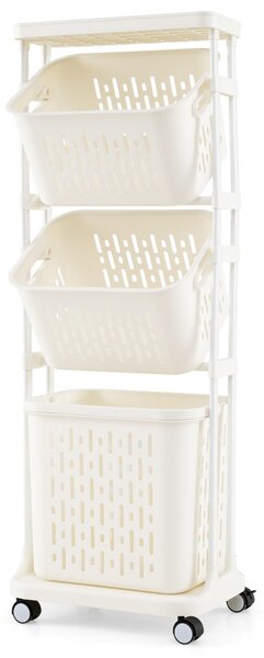 Costway Carrello per lavanderia a 3 ripiani con 4 ruote girevoli 3 cestini, Organizzatore per separare il bucato per bagno Bianco