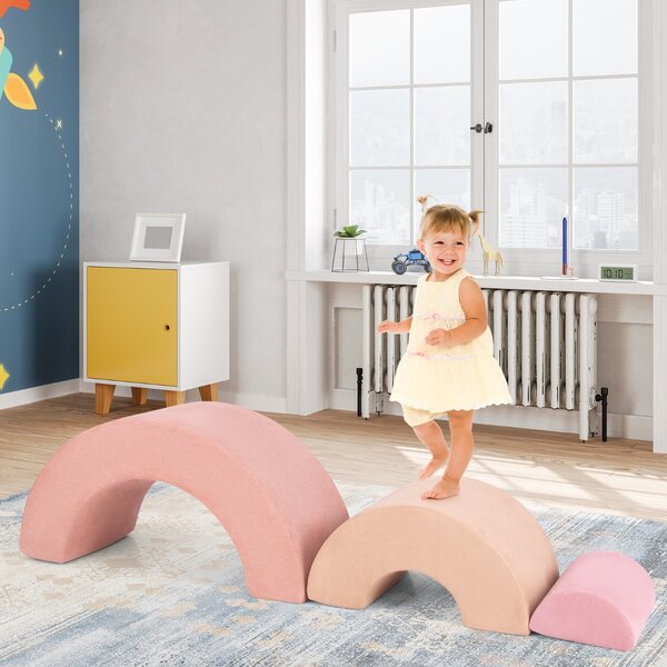Costway Set di giocattoli per arrampicata per bambini di 3 pezzi, Tunnel gioco interna in schiuma con riempimento elastico Rosa