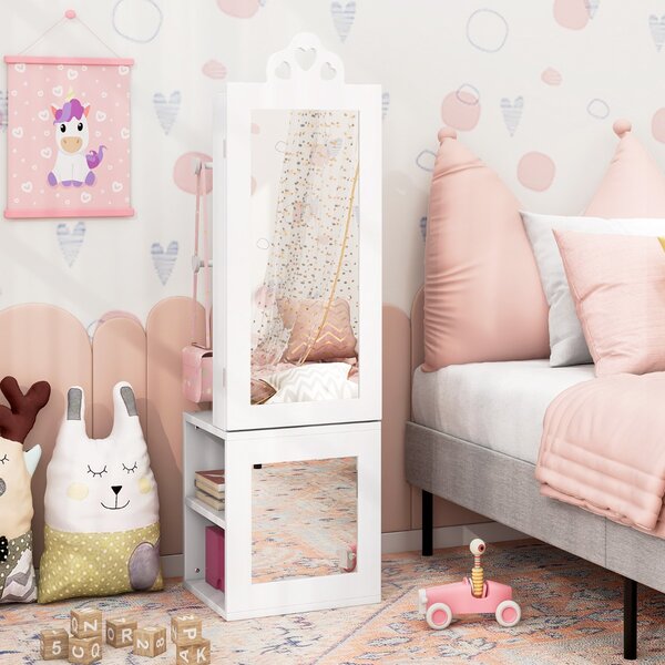 Costway Armadio portagioie per bambini con specchio a figura intera e appendiabiti, Armadio porta abiti 3 in 1 per ragazze Bianco