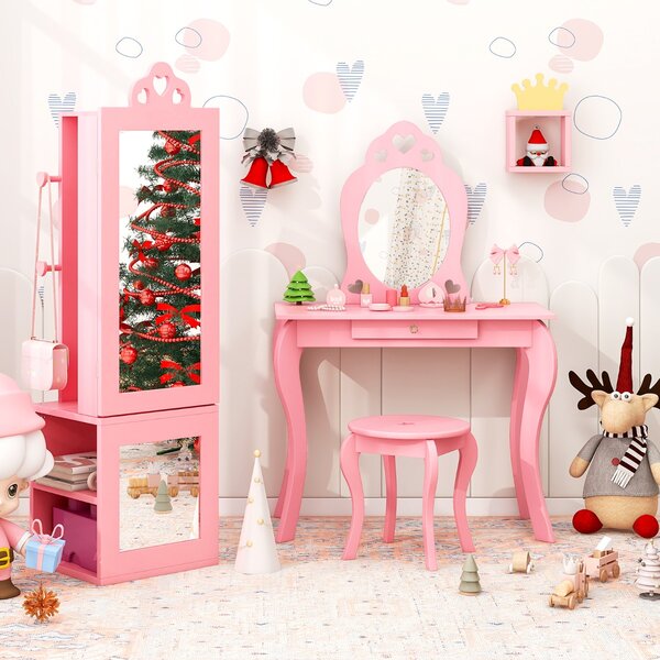 Costway Armadio portagioie per bambini con specchio a figura intera e appendiabiti, Armadio porta abiti 3 in 1 per ragazze Rosa
