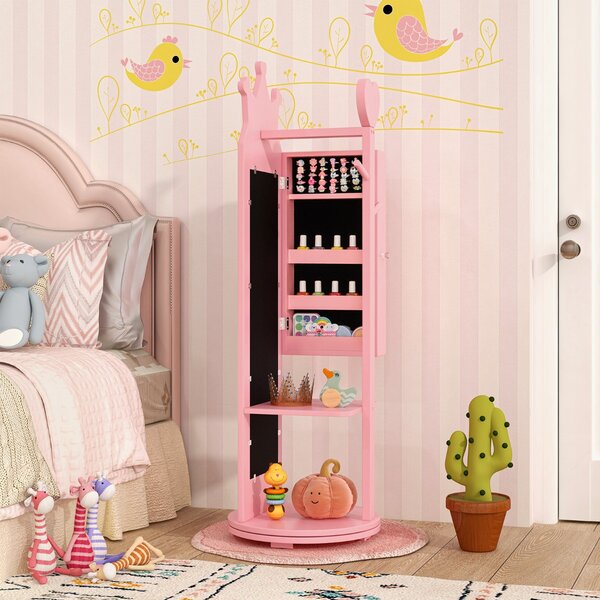 Costway Armadio portagioielli per bambini con base girevole e ampia capacità di archiviazione, Specchio a figura intera Rosa