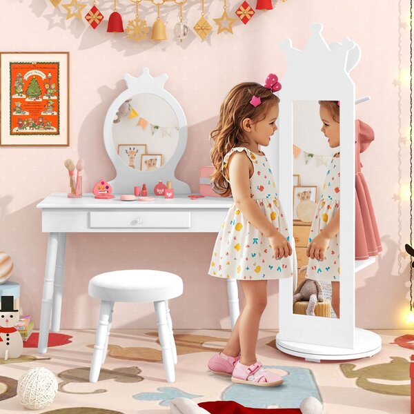 Costway Armadio portagioielli per bambini con base girevole e ampia capacità di archiviazione, Specchio a figura intera Bianco