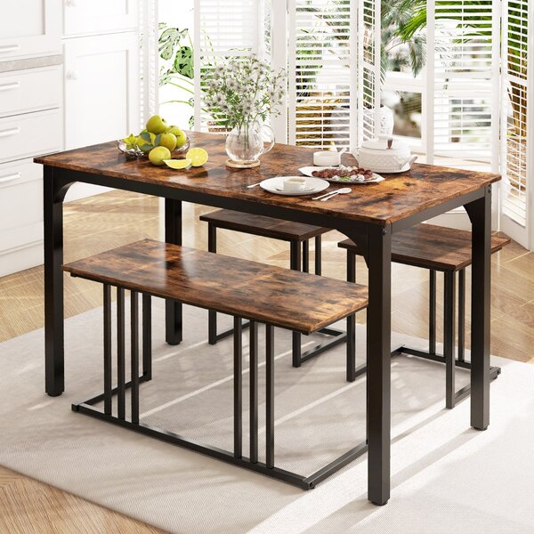Costway Set di tavolo da pranzo da 4 pezzi per 4 persone, Tavolo da cucina con panca e 2 sgabelli con struttura in metallo Marrone