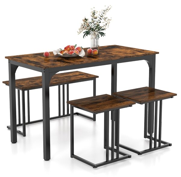 Costway Set di tavolo da pranzo da 4 pezzi per 4 persone, Tavolo da cucina con panca e 2 sgabelli con struttura in metallo Marrone