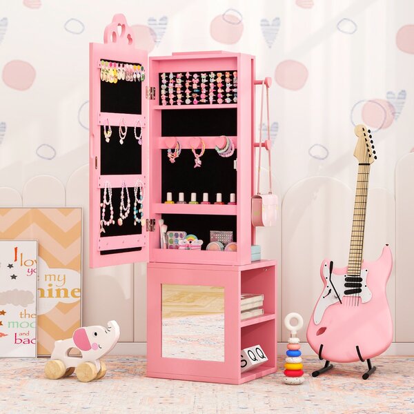 Costway Armadio portagioie per bambini con specchio a figura intera e appendiabiti, Armadio porta abiti 3 in 1 per ragazze Rosa