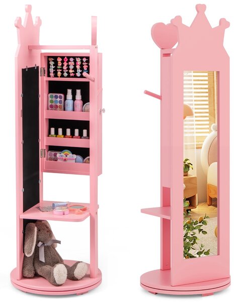 Costway Armadio portagioielli per bambini con base girevole e ampia capacità di archiviazione, Specchio a figura intera Rosa