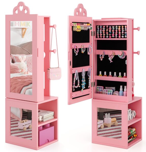 Costway Armadio portagioie per bambini con specchio a figura intera e appendiabiti, Armadio porta abiti 3 in 1 per ragazze Rosa