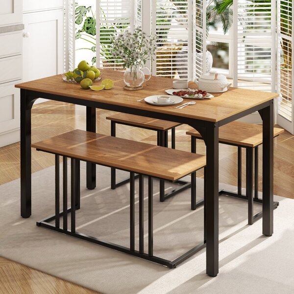 Costway Set di tavolo da pranzo da 4 pezzi per 4 persone, Tavolo da cucina con panca e 2 sgabelli con struttura in metallo Naturale