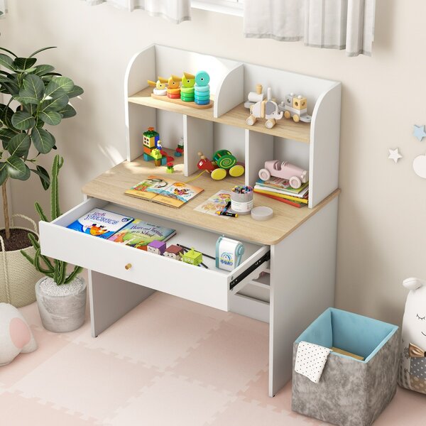 Costway Scrivania in legno per bambini con mensola e cassetto spazio di stoccaggio, Tavolo da scrittura per lettura 80x48x102cm Naturale