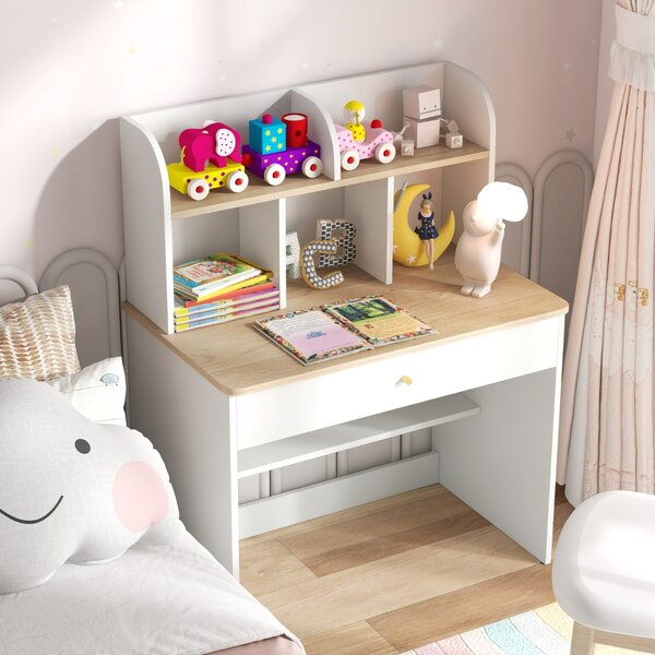Costway Scrivania in legno per bambini con mensola e cassetto spazio di stoccaggio, Tavolo da scrittura per lettura 80x48x102cm Naturale