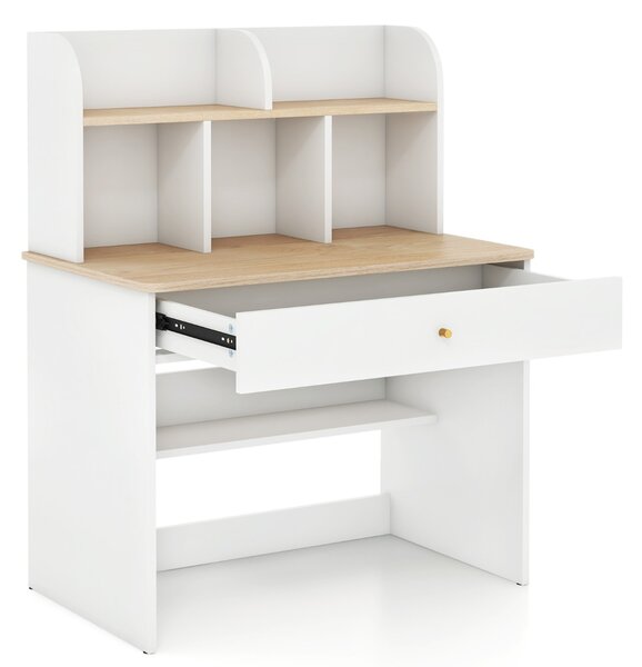 Costway Scrivania in legno per bambini con mensola e cassetto spazio di stoccaggio, Tavolo da scrittura per lettura 80x48x102cm Naturale