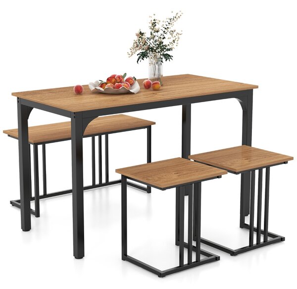 Costway Set di tavolo da pranzo da 4 pezzi per 4 persone, Tavolo da cucina con panca e 2 sgabelli con struttura in metallo Naturale