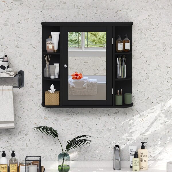 Costway Armadietto del bagno con specchio e mensole regolabili al muro, Armadietto di legno per bagno e salone Nero