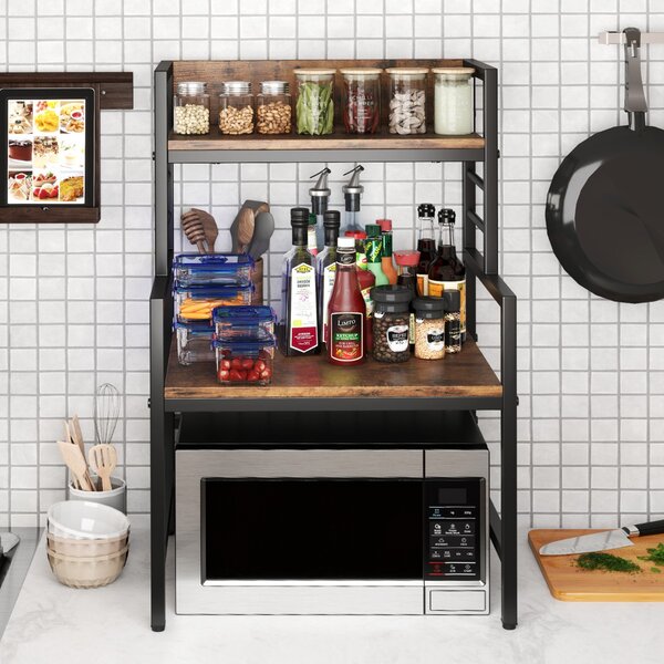 Costway Supporto per microonde a 3 ripiani con struttura in metallo, Organizzatore da cucina industriale con mensole Marrone