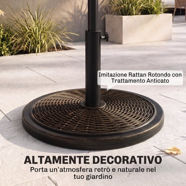 Outsunny Base per Ombrellone in Cemento e Plastica da 14kg con Effetto Rattan Ø48x34cm, Bronzo|Aosom