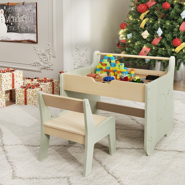 Costway Set tavolo e sedia per bambini con piano rimovibile 2-in-1, Set scrivania in legno con spazio di archiviazione Verde