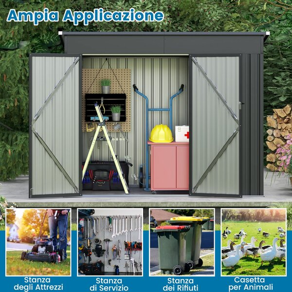 Costway Capannone da giardino per stoccaggio con design a tetto inclinato, Casa per attrezzi da giardino con 2 porte Grigio