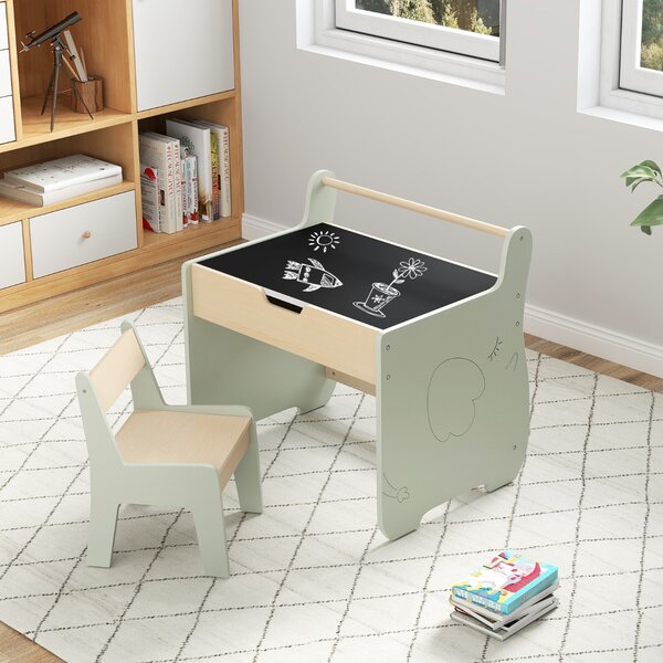 Costway Set tavolo e sedia per bambini con piano rimovibile 2-in-1, Set scrivania in legno con spazio di archiviazione Verde