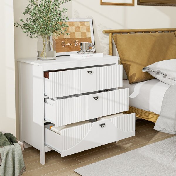 Costway Cassettiera in stile moderno con spazio di stoccaggio, Comodino a 3 cassetti in legno per camera da letto Bianco