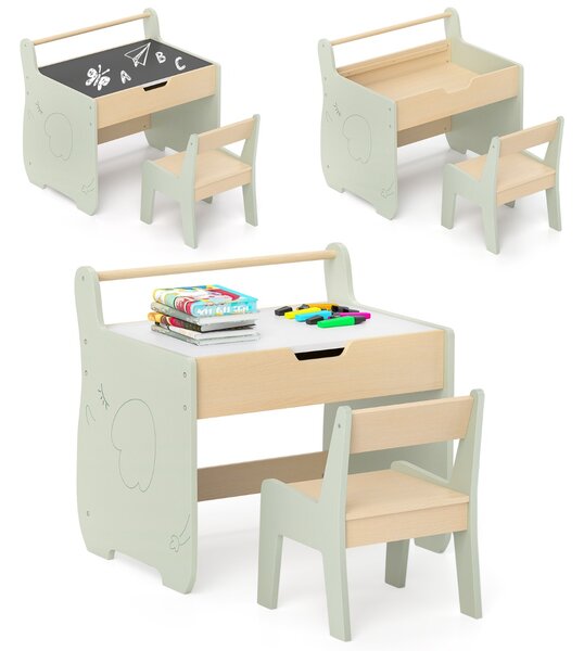 Costway Set tavolo e sedia per bambini con piano rimovibile 2-in-1, Set scrivania in legno con spazio di archiviazione Verde