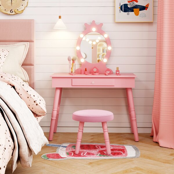 Costway Set da trucco per bambini con specchio illuminato, Set di trucco per principesse con tavolo e sedia regolabili Rosa