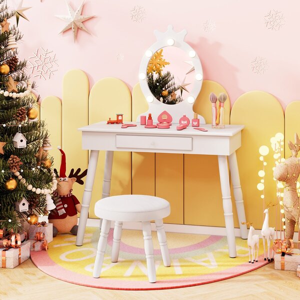 Costway Set da trucco per bambini con specchio illuminato, Set di trucco per principesse con tavolo e sedia regolabili Bianco