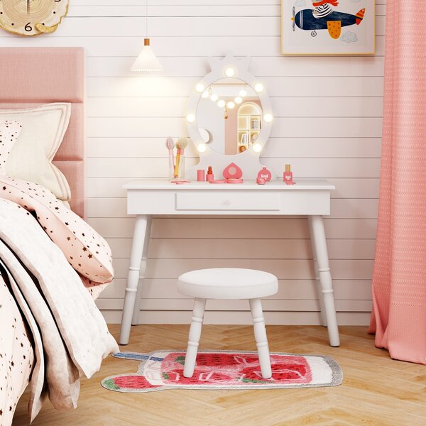 Costway Set da trucco per bambini con specchio illuminato, Set di trucco per principesse con tavolo e sedia regolabili Bianco