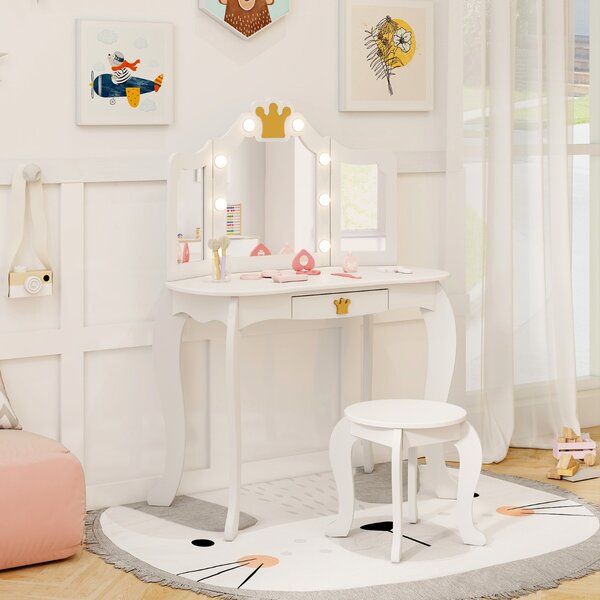 Costway Set da trucco per bambini con specchio illuminato, Set da trucco con tavolo e sedia con specchio Bianco