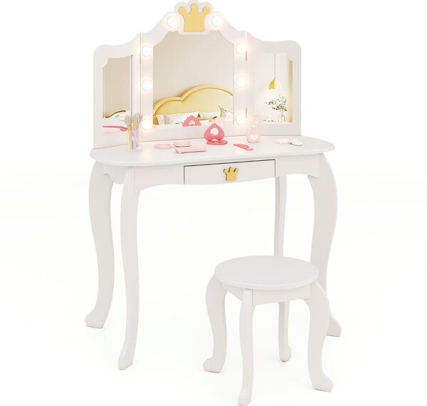 Costway Set da trucco per bambini con specchio illuminato, Set da trucco con tavolo e sedia con specchio Bianco