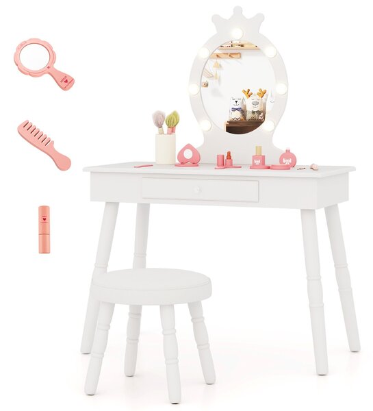 Costway Set da trucco per bambini con specchio illuminato, Set di trucco per principesse con tavolo e sedia regolabili Bianco