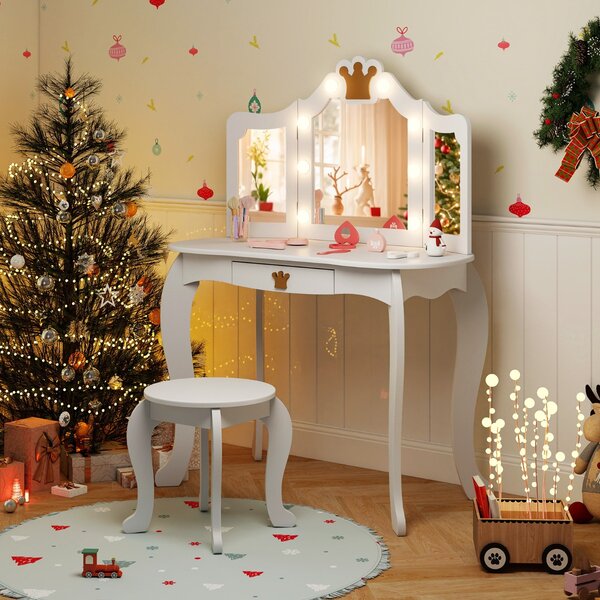 Costway Set da trucco per bambini con specchio illuminato, Set da trucco con tavolo e sedia con specchio Bianco