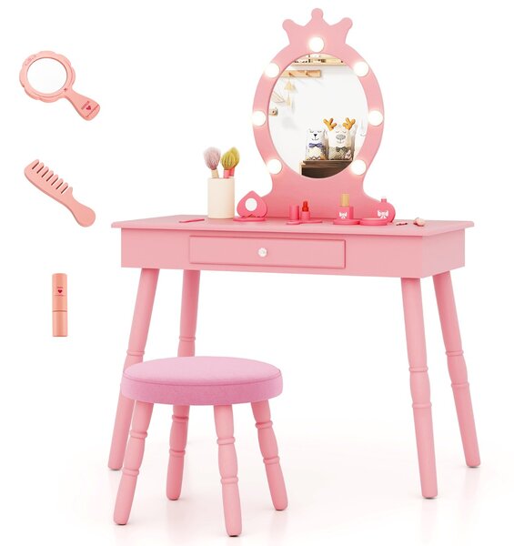 Costway Set da trucco per bambini con specchio illuminato, Set di trucco per principesse con tavolo e sedia regolabili Rosa