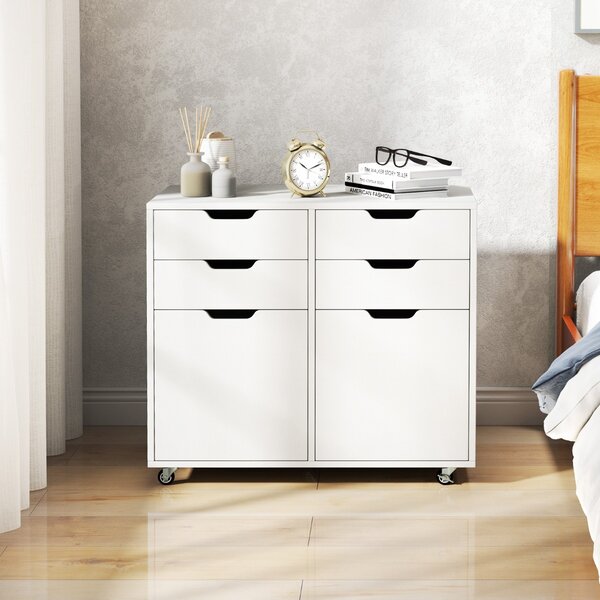 Costway Mobiletto di stoccaggio in legno con 5 ruote universali, Supporto per stampante con 4 cassetti per ufficio Bianco