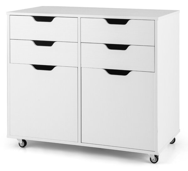 Costway Mobiletto di stoccaggio in legno con 5 ruote universali, Supporto per stampante con 4 cassetti per ufficio Bianco