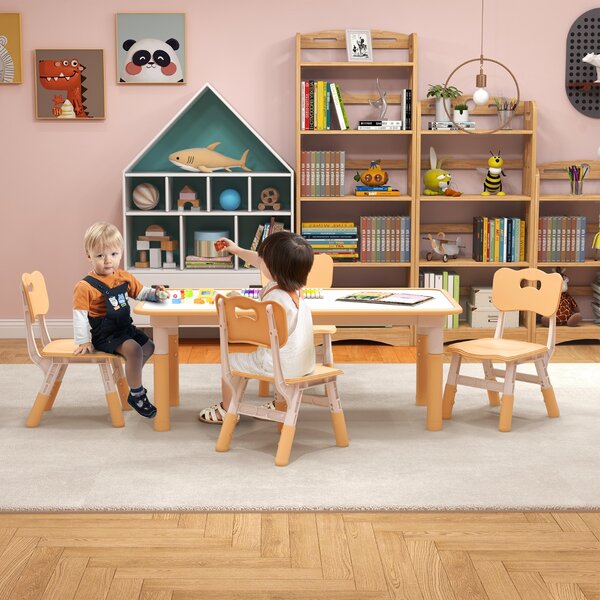 Costway Set tavolo per bambini e 4 sedie multiattività, Scrivania regolabile in altezza con piano graffiti Naturale