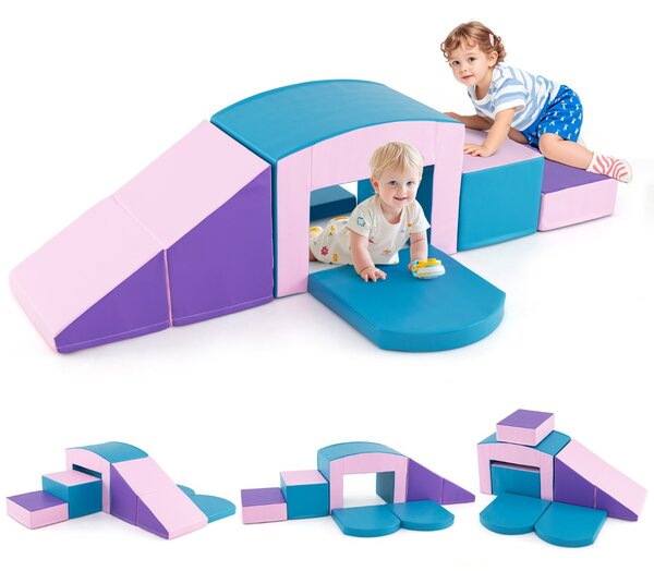 Costway 6 Blocchi di schiuma per arrampicarsi e strisciare con tunnel, Gioco morbido per bambini Blu