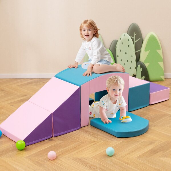 Costway 6 Blocchi di schiuma per arrampicarsi e strisciare con tunnel, Gioco morbido per bambini Blu